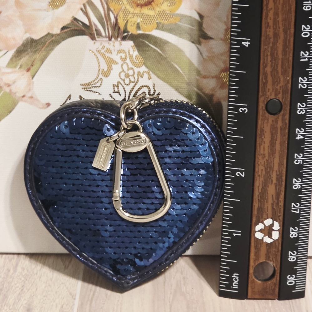 Coach Blue Love Heart Keychain Fob Charm 92748 Poppy Sequins - Picture 6 of 11